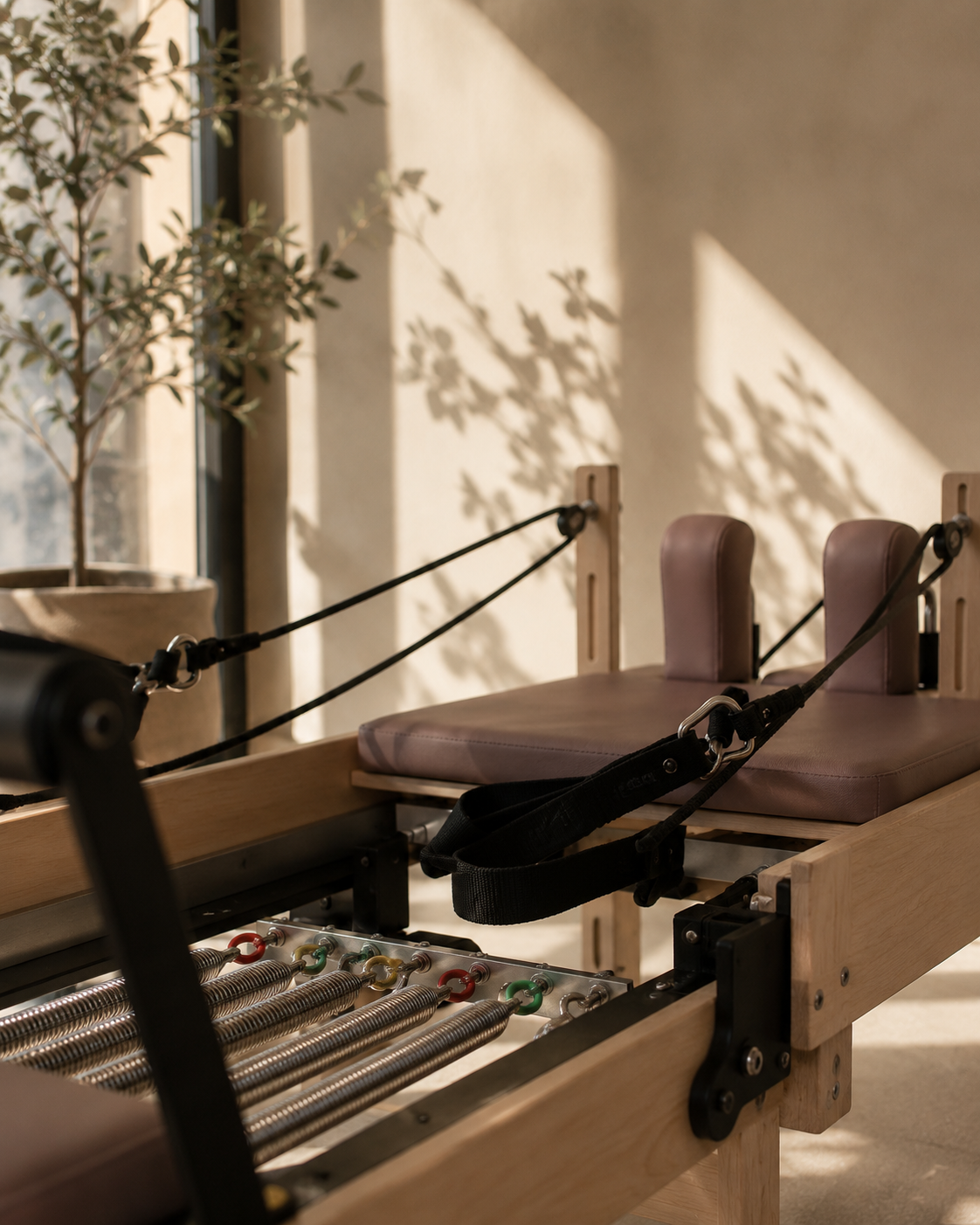 Détail des ressorts et sangles d’un reformer dans la lumière du matin