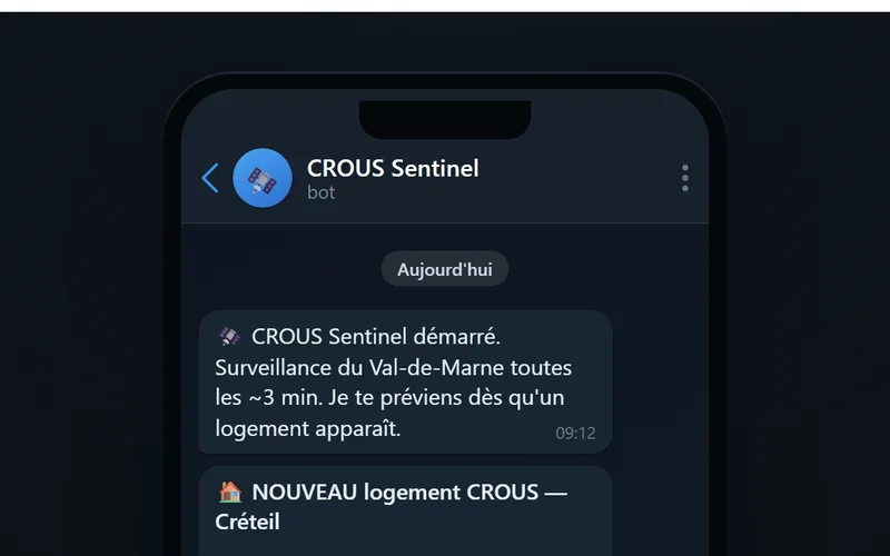 Aperçu du site CROUS Sentinel